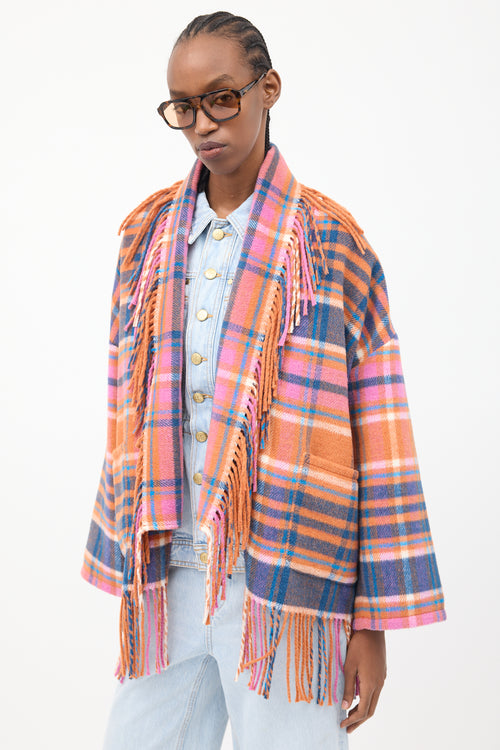 Xirena Orange 
Multicolour Plaid Fringe Cardigan