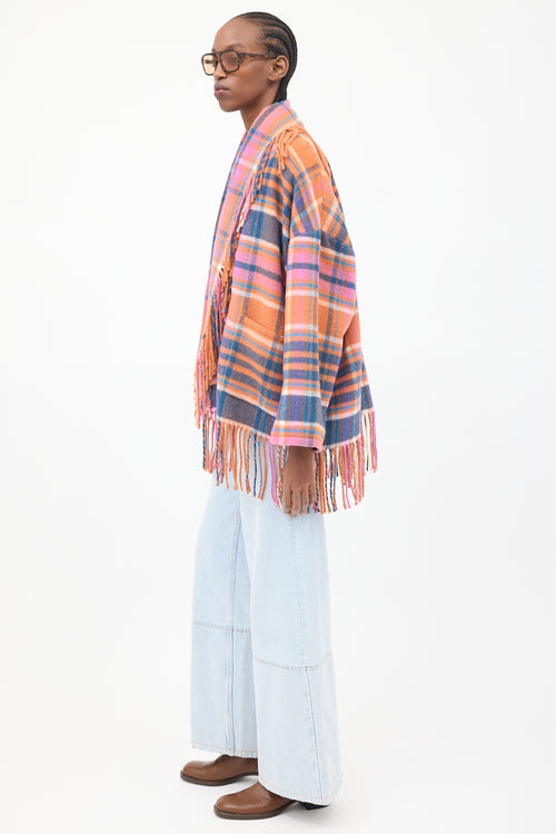 Xirena Orange 
Multicolour Plaid Fringe Cardigan