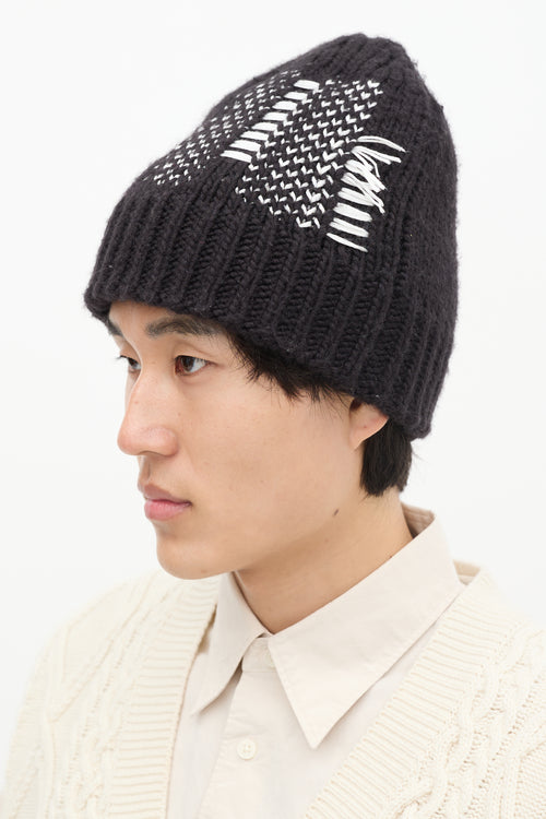 Y-3 Black 
White Knit Ribbed Beanie