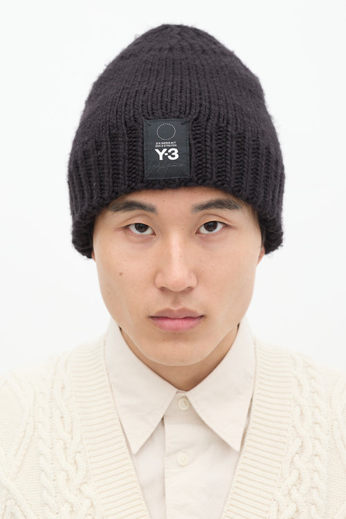 Y-3 Black 
White Knit Ribbed Beanie