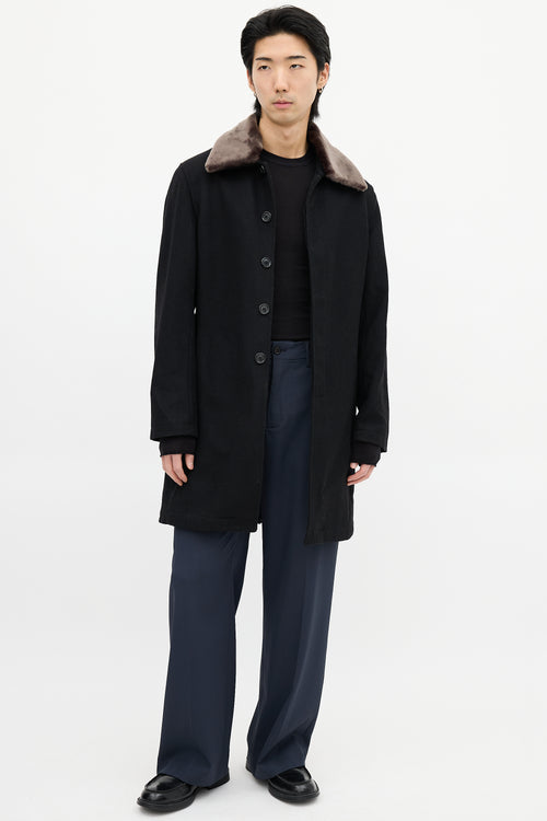 YMC Black Wool 
Faux Fur Collar Coat