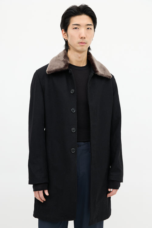 YMC Black Wool 
Faux Fur Collar Coat