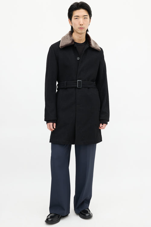 YMC Black Wool 
Faux Fur Collar Coat