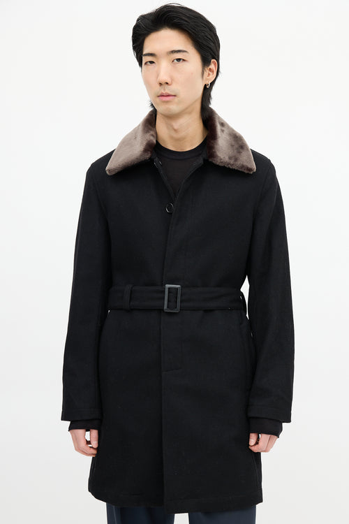 YMC Black Wool 
Faux Fur Collar Coat