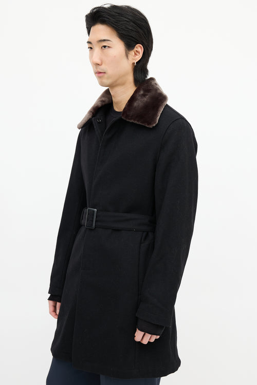 YMC Black Wool 
Faux Fur Collar Coat