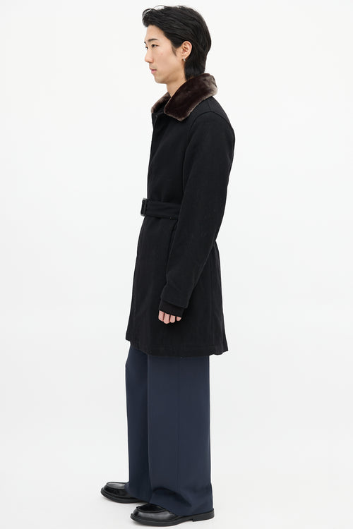 YMC Black Wool 
Faux Fur Collar Coat