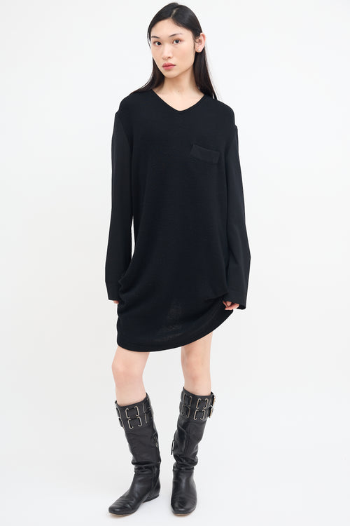 Yohji Yamamoto Black Wool Ribbed V-Neck Dress