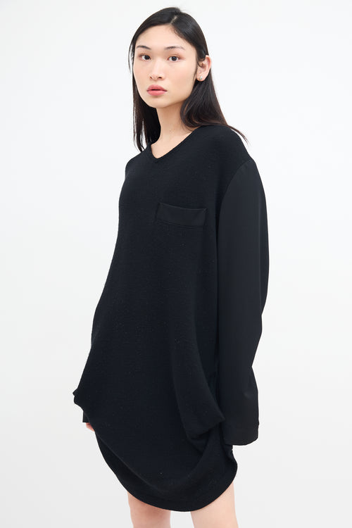 Yohji Yamamoto Black Wool Ribbed V-Neck Dress