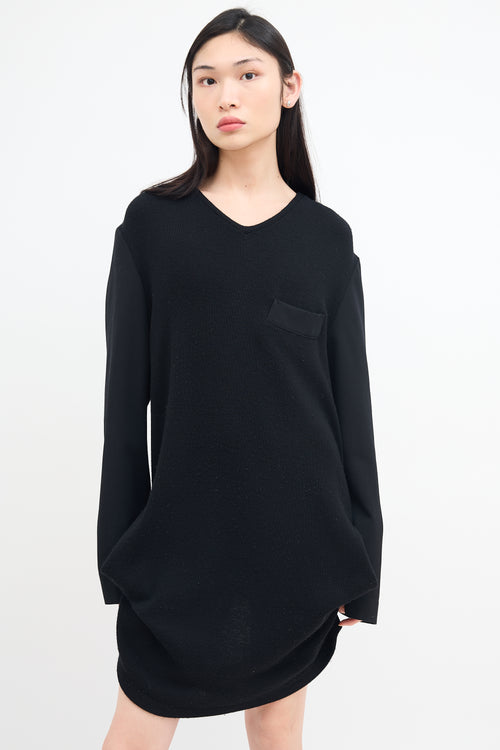 Yohji Yamamoto Black Wool Ribbed V-Neck Dress