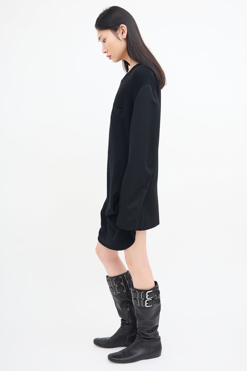 Yohji Yamamoto Black Wool Ribbed V-Neck Dress