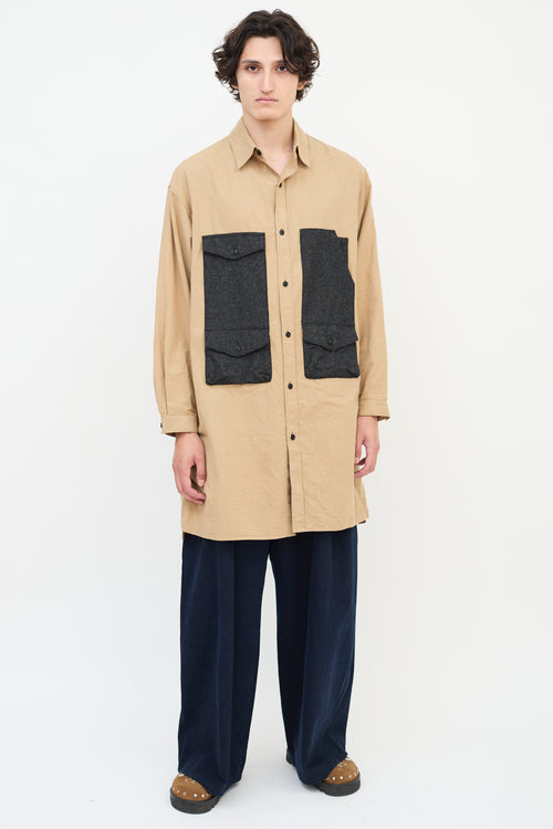 Y
s Brown Cotton 
Wool Panelled Long Shirt