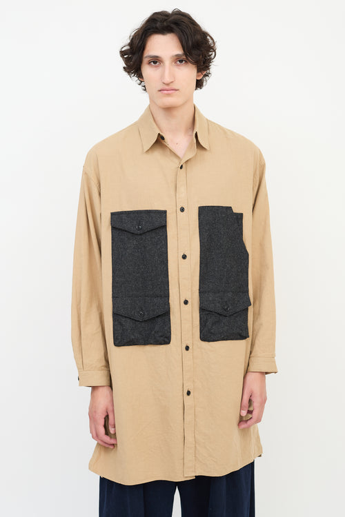 Y
s Brown Cotton 
Wool Panelled Long Shirt