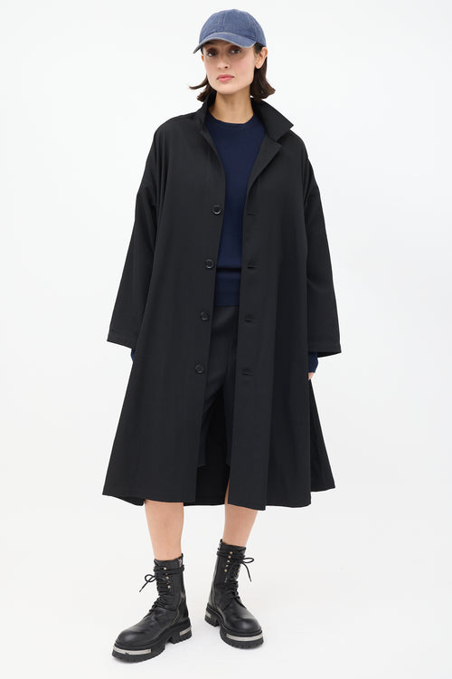 Yohji Yamamoto Noir Black Wool Ruched Side Button Up Coat