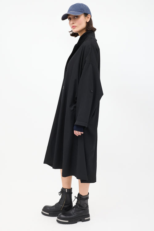 Yohji Yamamoto Noir Black Wool Ruched Side Button Up Coat