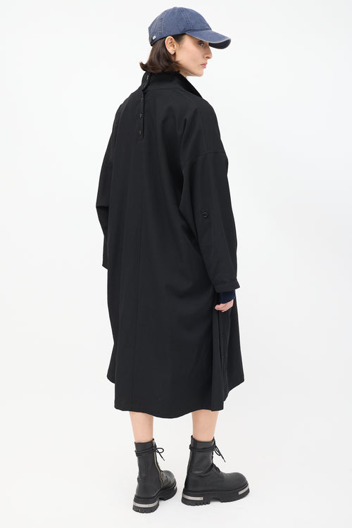 Yohji Yamamoto Noir Black Wool Ruched Side Button Up Coat