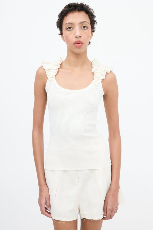 Zimmermann Cream Ribbed Ruffle Strap Top