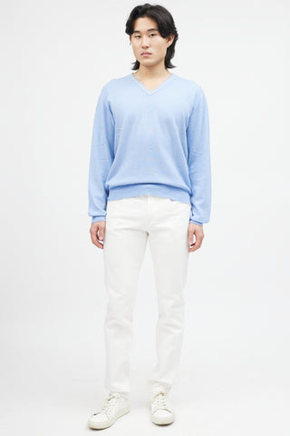 Zegna Blue 
White Cashmere Knit Sweater