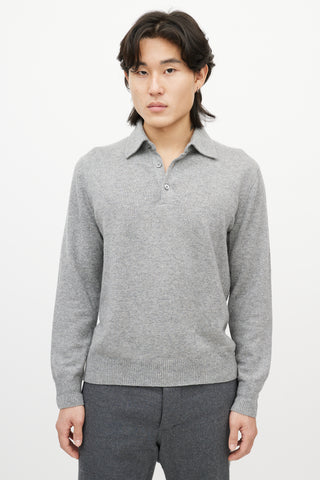 Zegna Grey Cashmere Long Sleeve Polo Sweater