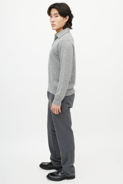 Zegna Grey Cashmere Long Sleeve Polo Sweater