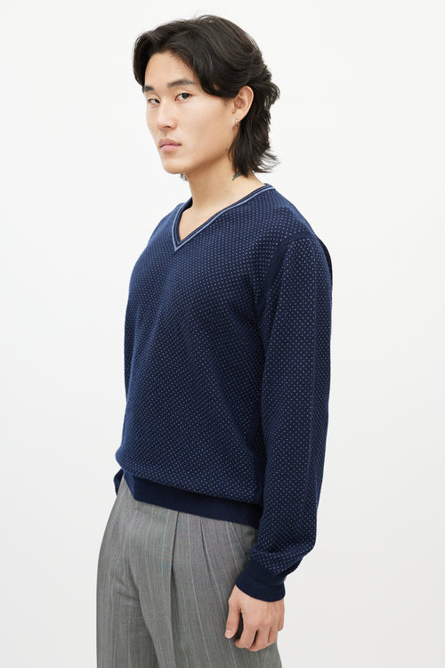 Zegna Navy Blue Dotted Cashmere V-Neck Sweater