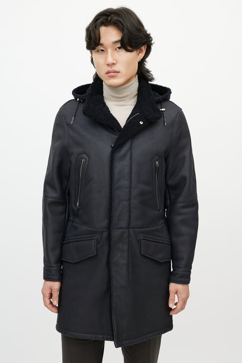 Zegna Navy Leather Sherpa Collar Coat