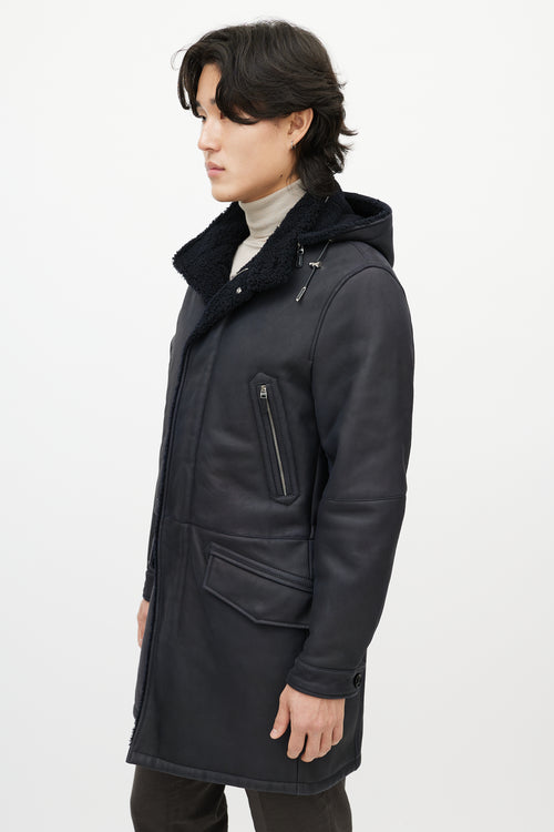 Zegna Navy Leather Sherpa Collar Coat