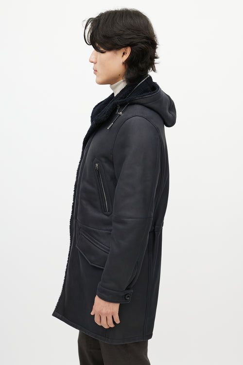 Zegna Navy Leather Sherpa Collar Coat