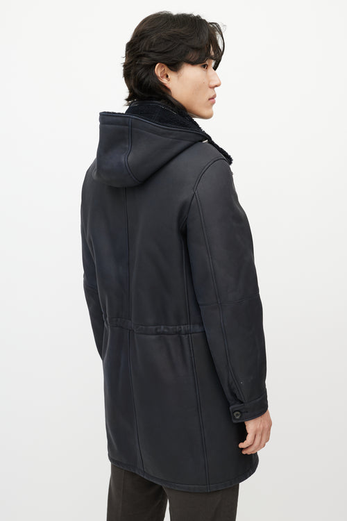 Zegna Navy Leather Sherpa Collar Coat