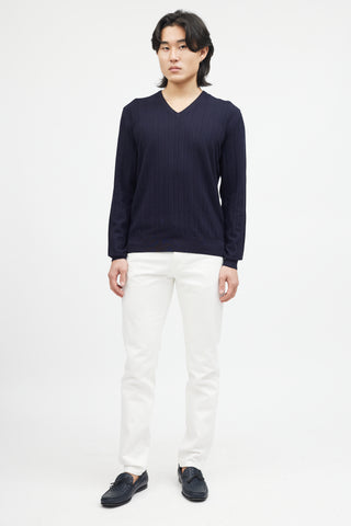 Zegna Navy Wool Ribbed Knit Sweater