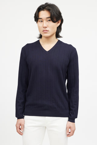 Zegna Navy Wool Ribbed Knit Sweater