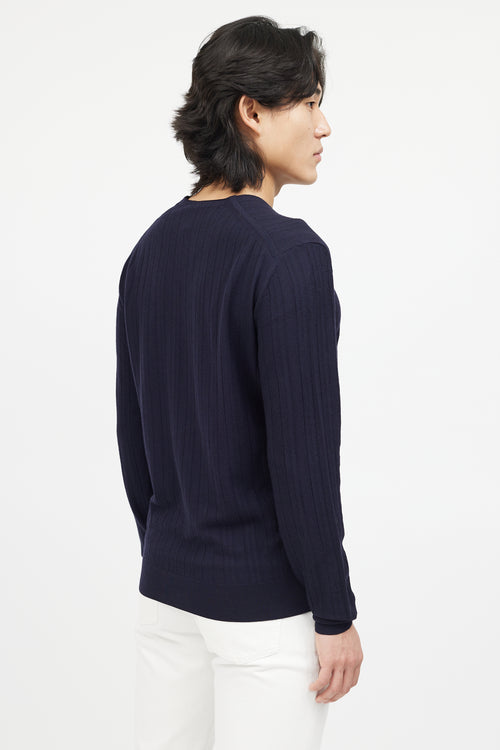 Zegna Navy Wool Ribbed Knit Sweater