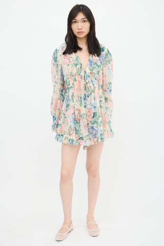 Zimmermann Beige 
Multicolour Floral Ruffled Romper