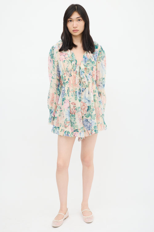 Zimmermann Beige 
Multicolour Floral Ruffled Romper