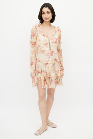 Zimmermann Beige 
Multicolour Floral Silk Tiered Dress