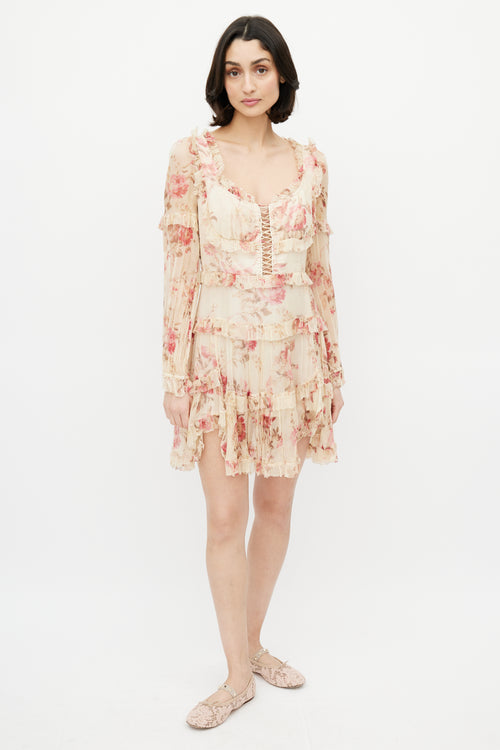 Zimmermann Beige 
Multicolour Floral Silk Tiered Dress