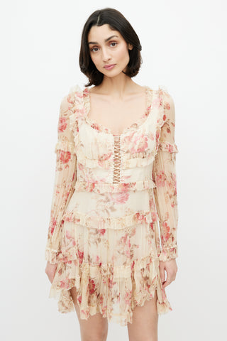 Zimmermann Beige 
Multicolour Floral Silk Tiered Dress