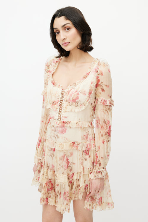 Zimmermann Beige 
Multicolour Floral Silk Tiered Dress