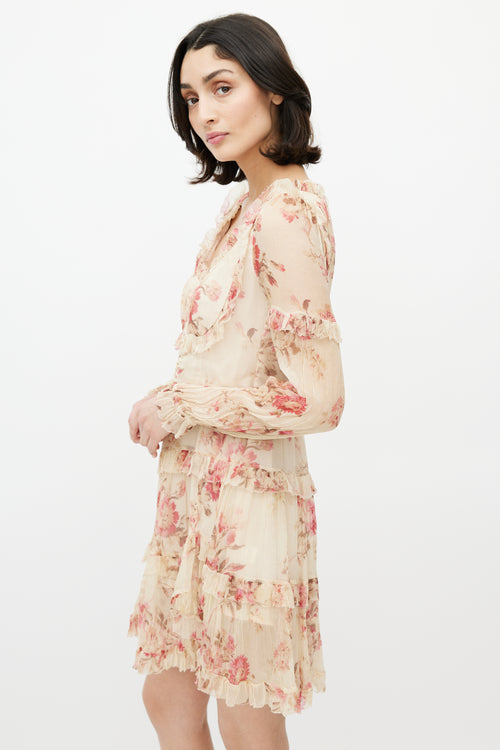 Zimmermann Beige 
Multicolour Floral Silk Tiered Dress