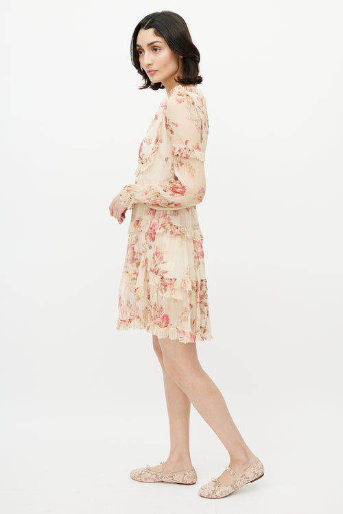 Zimmermann Beige 
Multicolour Floral Silk Tiered Dress