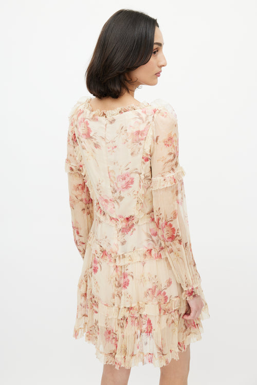 Zimmermann Beige 
Multicolour Floral Silk Tiered Dress