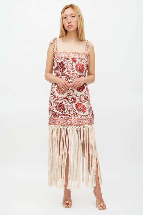 Zimmermann Beige 
Red Floral Vitali Fringe Dress