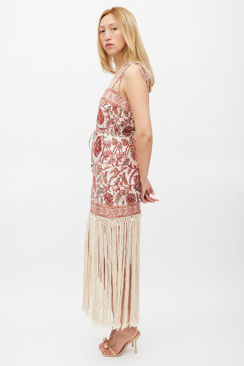 Zimmermann Beige 
Red Floral Vitali Fringe Dress