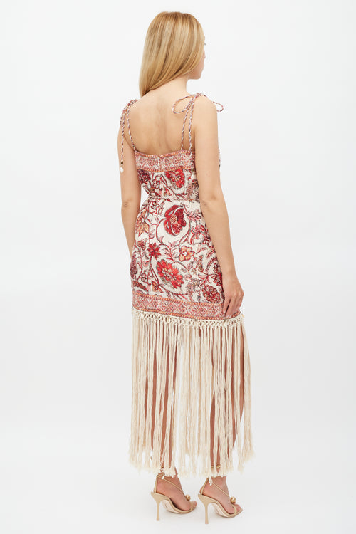 Zimmermann Beige 
Red Floral Vitali Fringe Dress