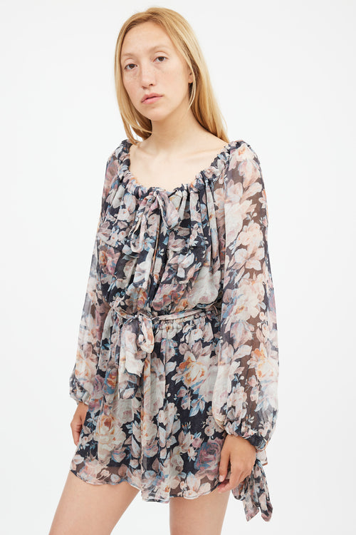 Zimmermann Black 
Multi Silk Floral Tempest Romper