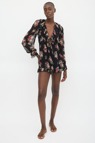 Zimmermann Black 
Multicolour Silk Floral Ruffled Romper