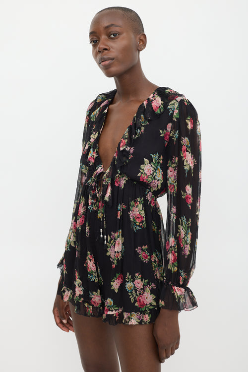 Zimmermann Black 
Multicolour Silk Floral Ruffled Romper