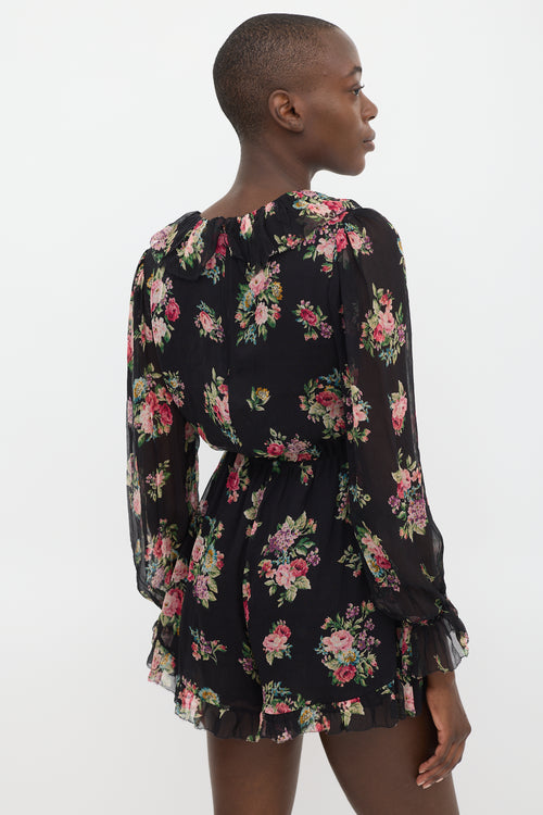 Zimmermann Black 
Multicolour Silk Floral Ruffled Romper