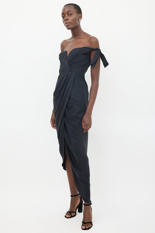 Zimmermann Black Silk Draped Off Shoulder Dress