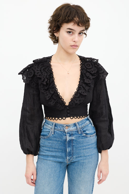 Black Ruffled Eyelet Cropped Top