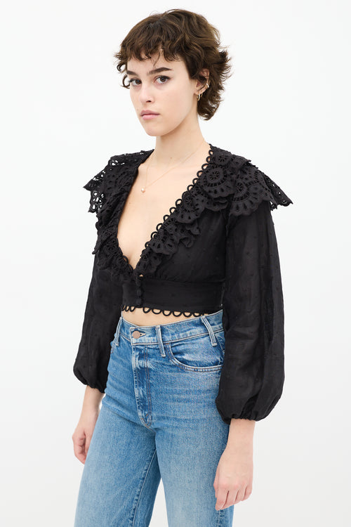 Black Ruffled Eyelet Cropped Top